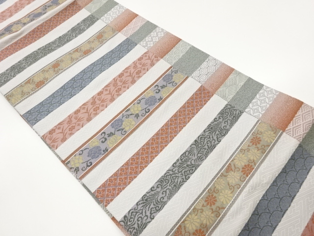 JAPANESE KIMONO / NAGOYA OBI / SILK / STRIPE & FLORAL ARABESQUE